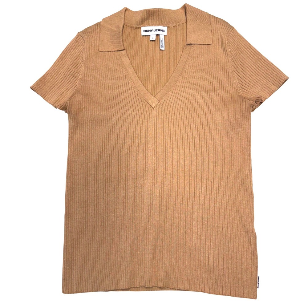 NWOT DKNY Jeans Womens XL Camel Tan Ribbed Knit Short Sleeve Polo Collar
